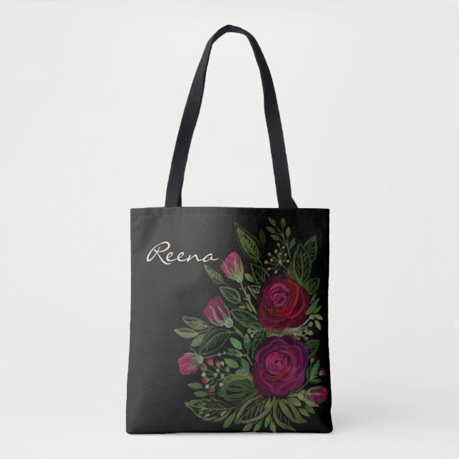 Bolsa Tote Rosas de aquarelas, sobre fundo preto, aquarela (Frente)