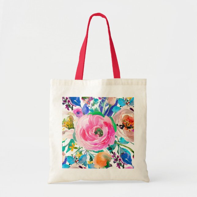 Bolsa Tote Rosas De Cor Da Água, Rosa E bege (Frente)