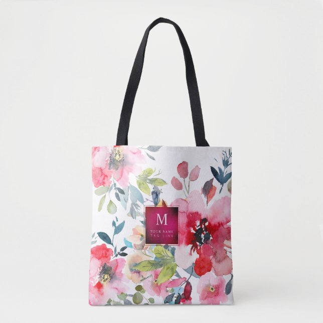 Bolsa Tote Rosas de Jardim de Aquarela, Vermelho Ombre+Monogr (Frente)
