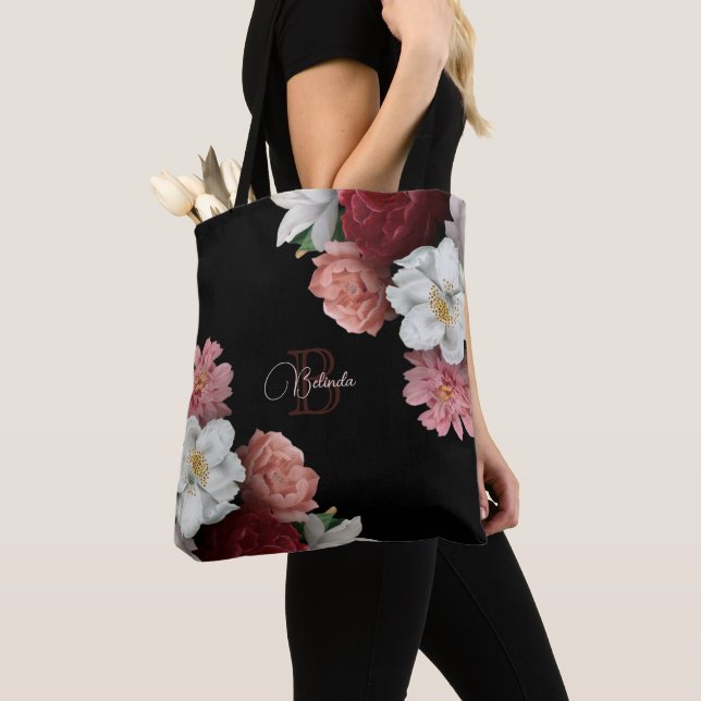 Bolsa Tote Rosas Desenhadas à Mão Flor Preta (Close Up)