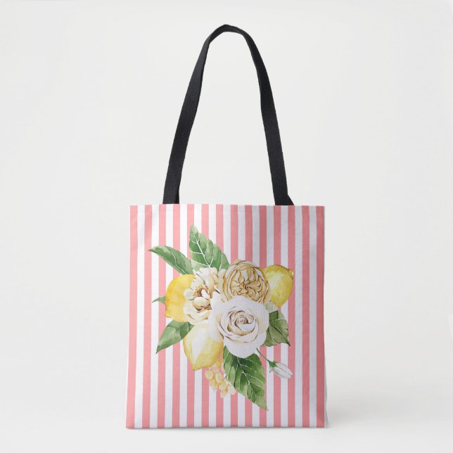 Bolsa Tote Rosas e limões em tiras rosadas (Frente)