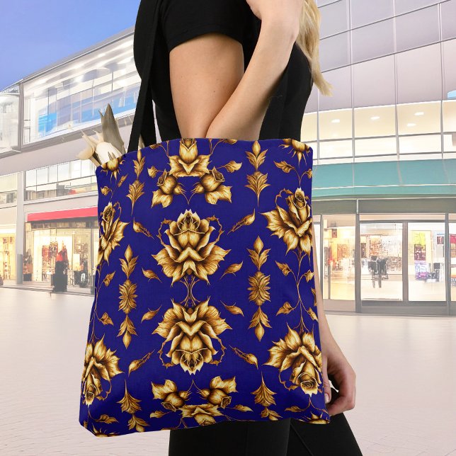 Bolsa Tote Rosas Elegantes de ouro azul real (Criador carregado)