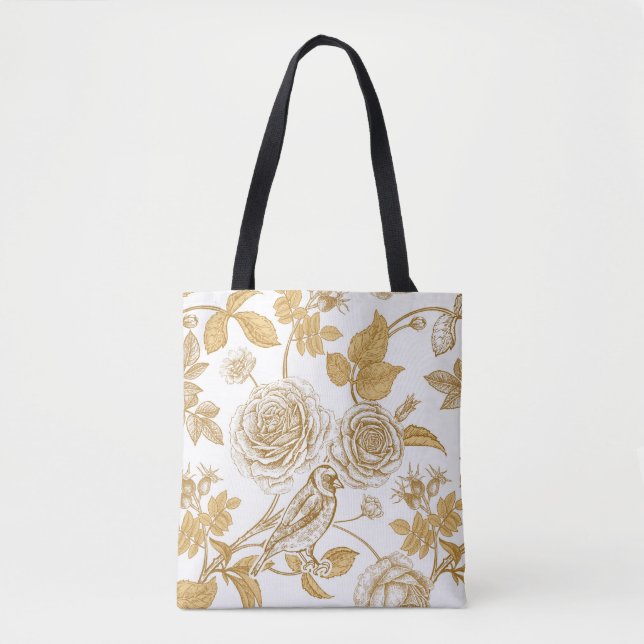 Bolsa Tote rosas, flores, folhas e bagas de cão (Frente)