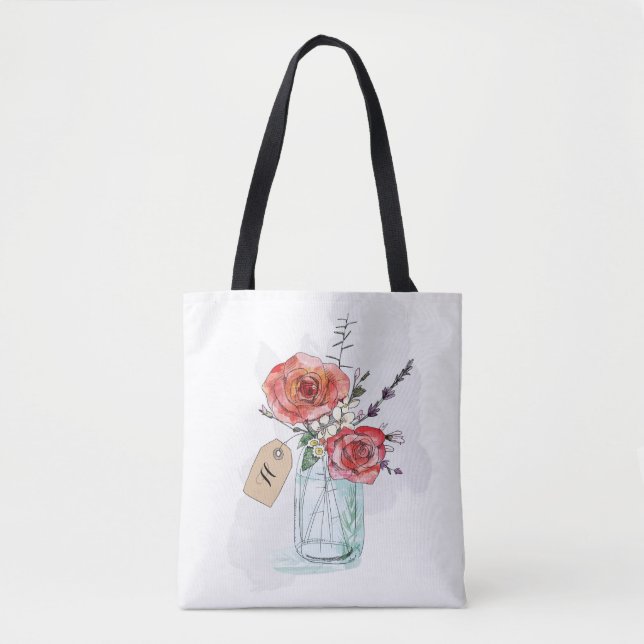 Bolsa Tote Rosas Pintadas em Flor Monograma de Jarro de Mason (Frente)