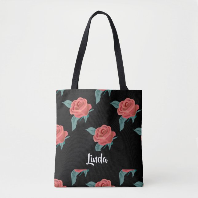 Bolsa Tote Rosas rosa a preto (Frente)