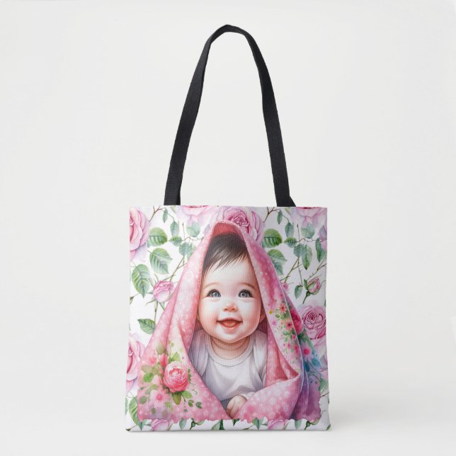 Bolsa Tote Rosas rosa-bonitas e bebê sorrindo (Frente)