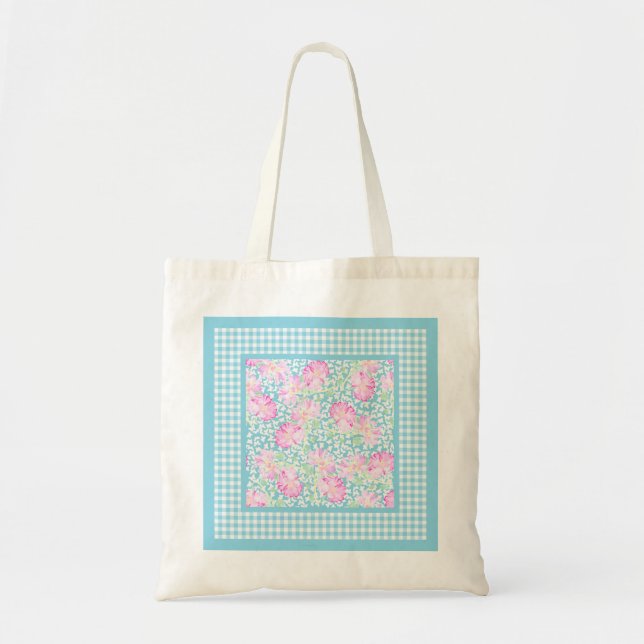 Bolsa Tote Rosas Rosa, Borboletas Brancas, Gingham Tote Bag (Frente)