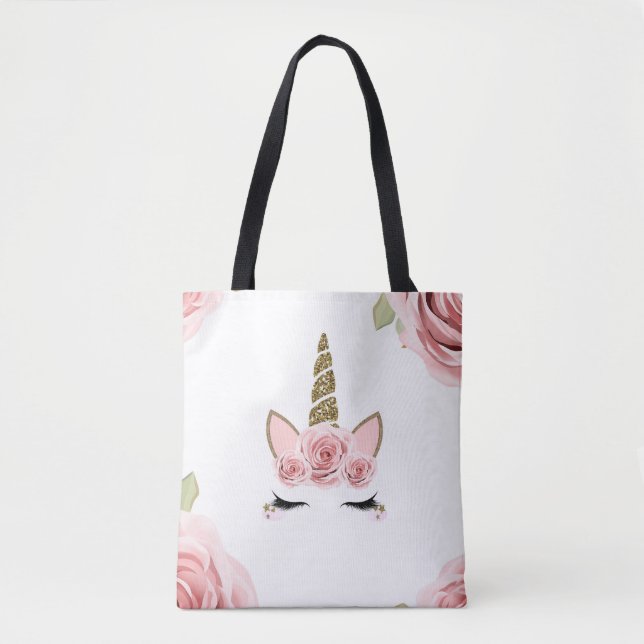Bolsa Tote Rosas rosa Douradas Glitter Unicorn Trendy Cute (Frente)
