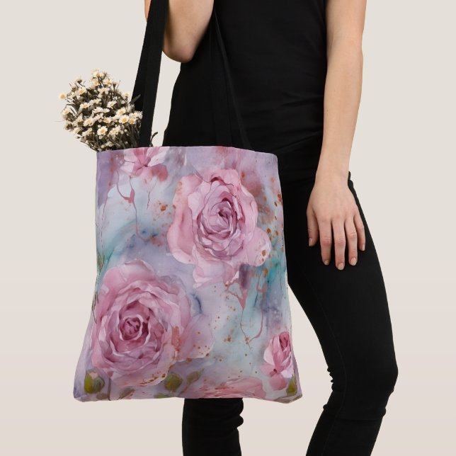 Bolsa Tote Rosas Rosa e Dourado em Grande Escala (Close Up)
