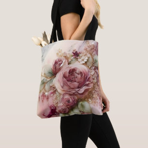 Bolsa Tote Rosas Rosa e Dourado em Grande Escala