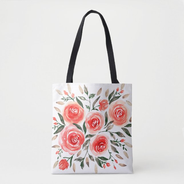 Bolsa Tote Rosas Rosa Femininas Ilustração Floral de Aquarela (Frente)