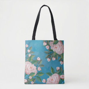 Bolsa Tote Rosas rosa pálidas com fundo azul Marinho
