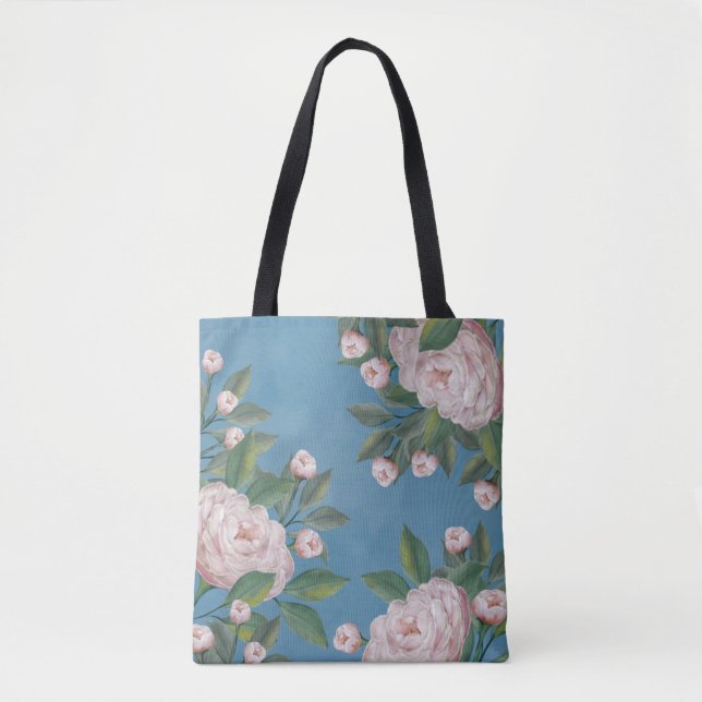 Bolsa Tote Rosas rosa pálidas com fundo azul Marinho (Frente)