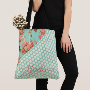 Bolsa Tote Rosas Rosa Trendy Green Dots Girly Name Monograma