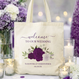 Bolsa Tote Rosas Roxas Boho Elegante Bem-Vindo ao Casamento