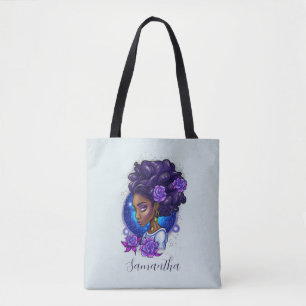 Bolsa Tote Rosas Roxos Elegantes Afro Mulher
