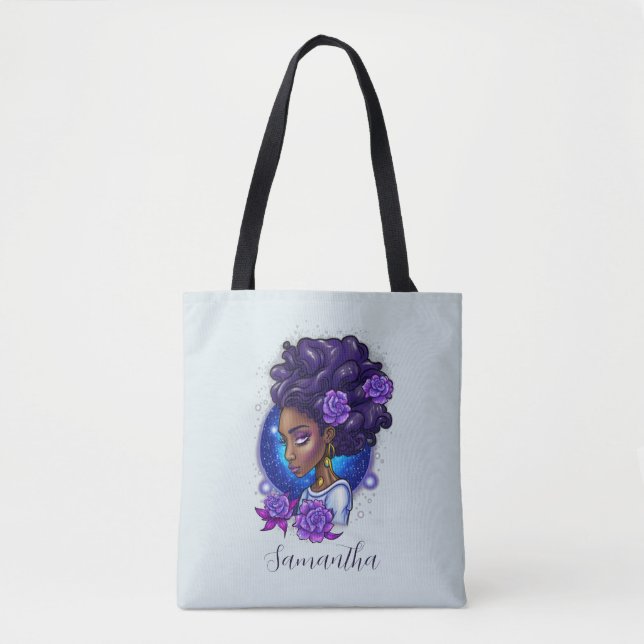 Bolsa Tote Rosas Roxos Elegantes Afro Mulher (Frente)