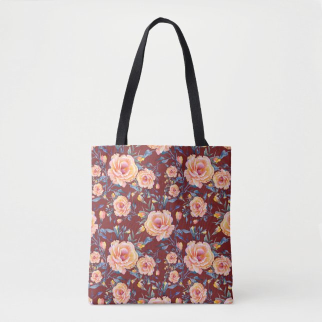 Bolsa Tote Rosas, sem costura, padrão de fundo vermelho (Frente)