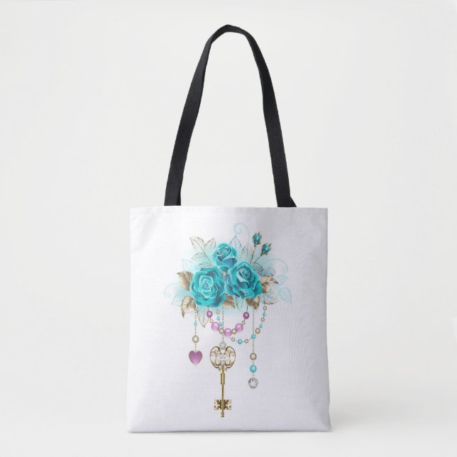 Bolsa Tote Rosas Turquesas com Chaves (Frente)
