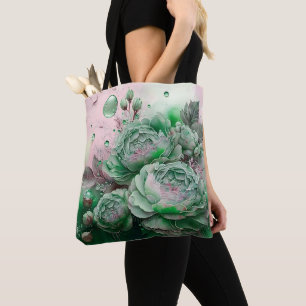 Bolsa Tote Rosas Verdes e Douradas em Grande Escala
