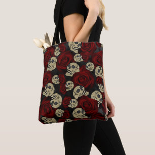 Bolsa Tote Rosas Vermelhas & Caveiras Cinza Floral Gótico Pre