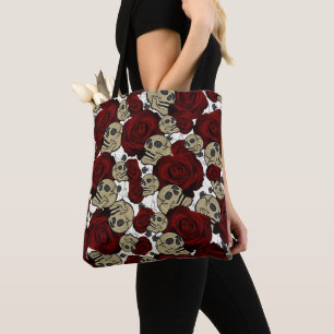 Bolsa Tote Rosas Vermelhas & Caveiras Preto Floral Gótico Bra