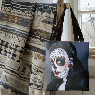 Bolsa Tote Rosas Vermelhas Elegantes Caveira de Açúcar Gótica
