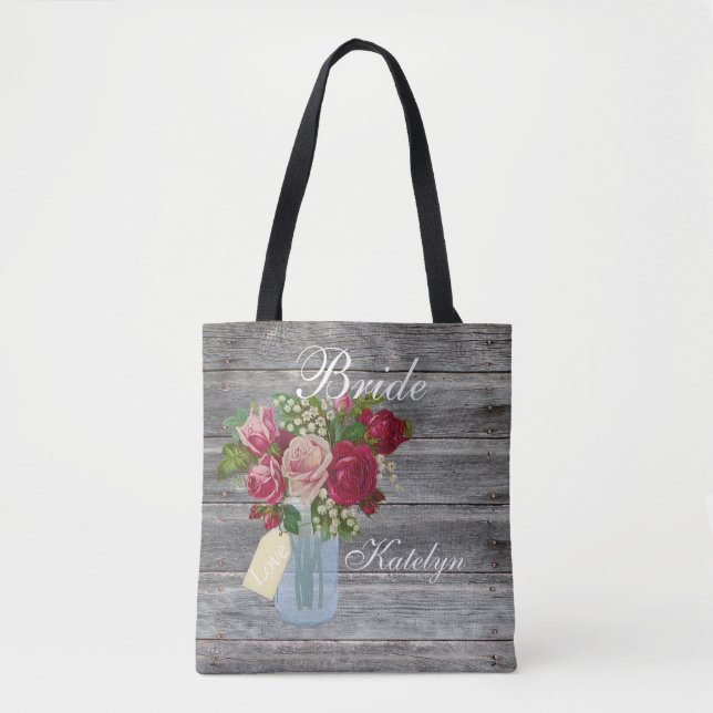 Bolsa Tote Rose Bouquet Mason Jar Personalizou o País da Noiv (Frente)