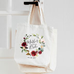 Bolsa Tote Rose Burgundy Floral Wreath Mother of the Bride<br><div class="desc">A sweet and elegant gift for the mother of the bride,  tote features a burgundy rose watercolor greenery wreath with "mother of the bride" inscribed inside in hand lettered script. Personalize with your wedding date or the recipient's name beneath.</div>