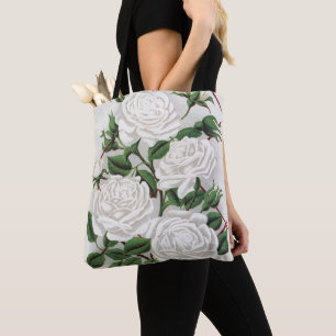Bolsa Tote Roseira Branca Vitoriana Antiga de Jardim Trepadei