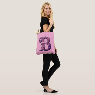 Bolsa Tote Rosemaling Metálico Moderno Letra B, Rosa/Roxo