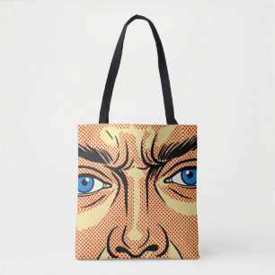Bolsa Tote Rosto de Arte Pop Retro de Quadrinhos Olhos Azuis