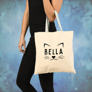 Bolsa Tote Rosto de Gato Divertido com Nome Personalizado em