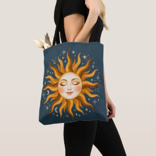 Bolsa Tote Rosto de Sol Celestial Arte Boho Vintage