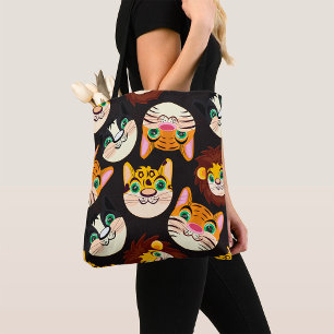 Bolsa Tote Rostos de Animais em Padrão Gatos Leões Cães