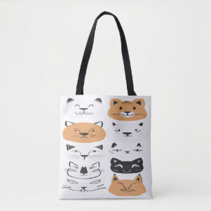 Bolsa Tote Rostos de Gato Minimalistas Fofo Padrão Arte Felin
