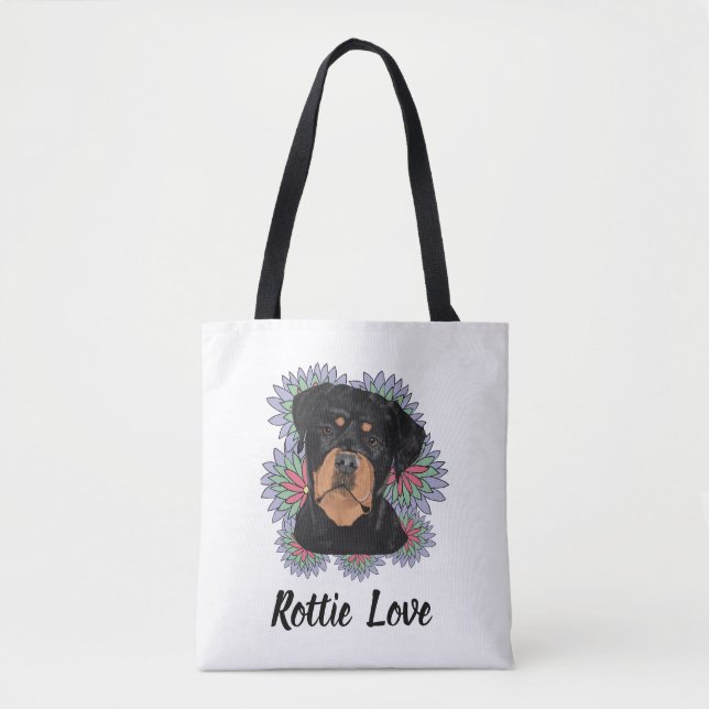Bolsa Tote Rottie Love tote– Whimsical Rottweiler Art (Frente)