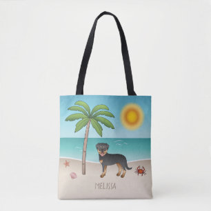 Bolsa Tote Rottweiler Black & Tan em uma praia tropical de ve