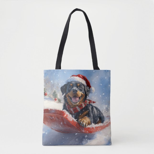 Bolsa Tote Rottweiler Cachorro com Lama Deixe nevar Natal (Frente)