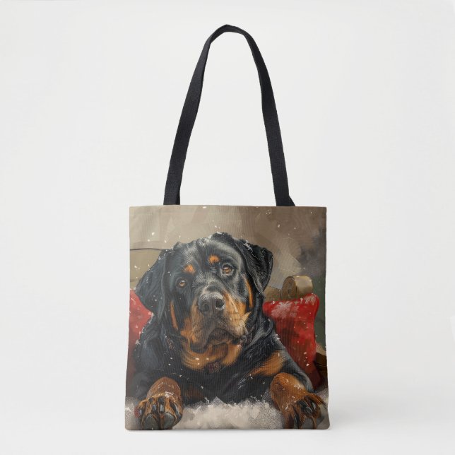 Bolsa Tote Rottweiler Cachorro Natal Festivo (Frente)
