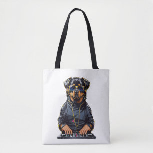 Bolsa Tote rottweiler Dog Dj com roldanas e fones de ouvido