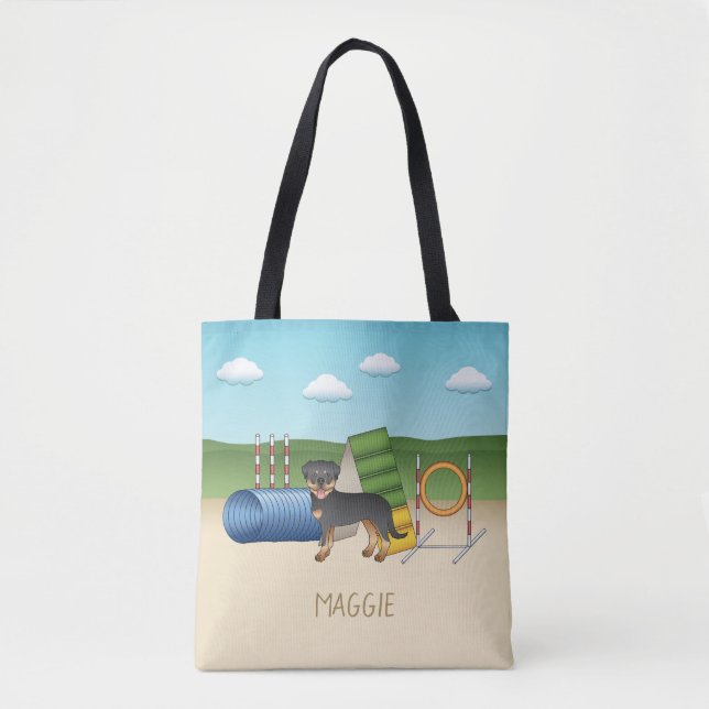 Bolsa Tote Rottweiler Preto e Castanho com Equipamento de Agi (Frente)