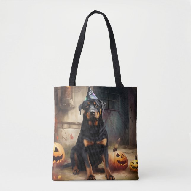 Bolsa Tote Rottweiler Pumpkins Halloween Assustado (Frente)