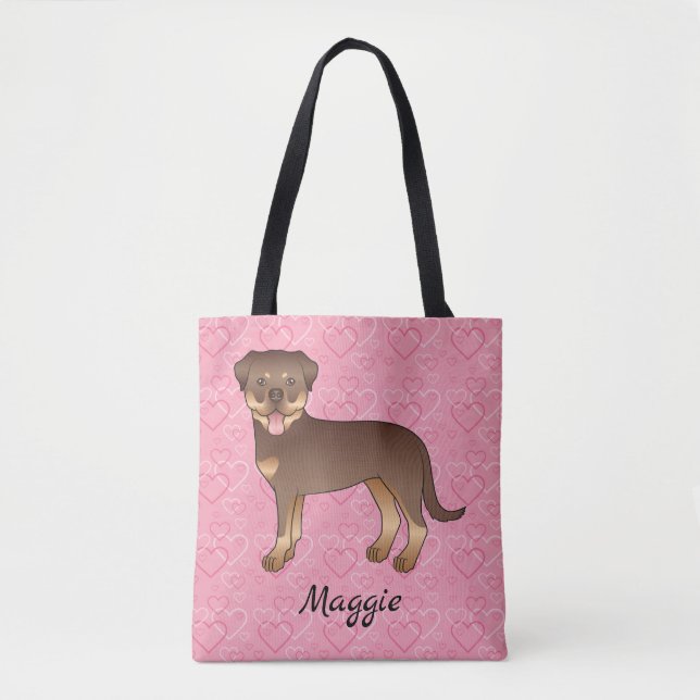Bolsa Tote Rottweiler Vermelho e Marrom em Corações Rosas e N (Frente)