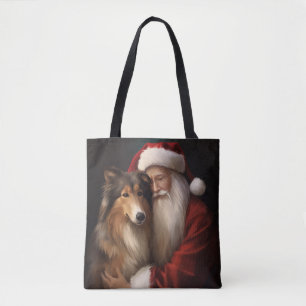 Bolsa Tote Rough Collie com Papai Noel Natal Festivo