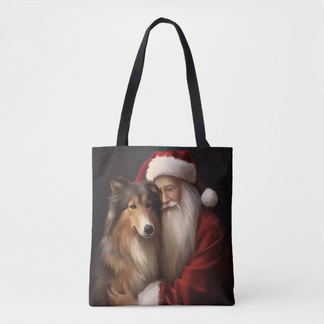 Bolsa Tote Rough Collie com Papai Noel Natal Festivo (Frente)