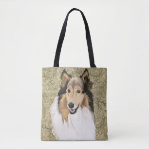 Bolsa Tote Rough Collie sobre um fundo Floral Brown
