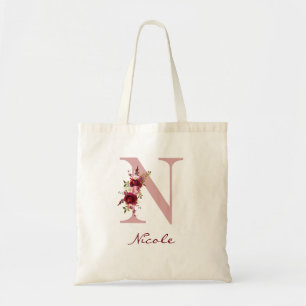 Bolsa Tote Roxo Bege Rosa Letra N Floral