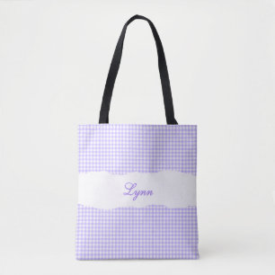 Bolsa Tote Roxo e Branco Clássico Gingham Nome Personalizad