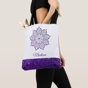 Bolsa Tote Roxo Faux Glitter Mandala em Branco
